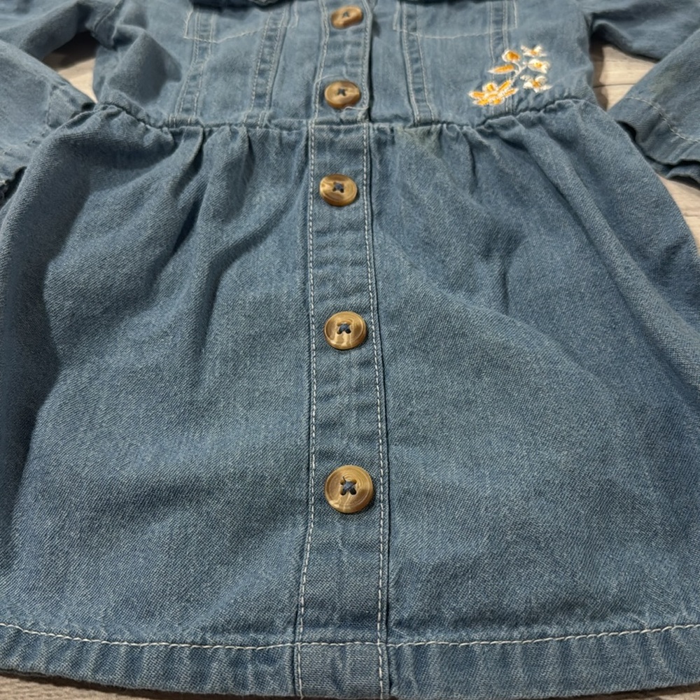 Little Lass Baby Girls Blue Denim Dress with Embroidered Floral Accents - Picture 5 of 5